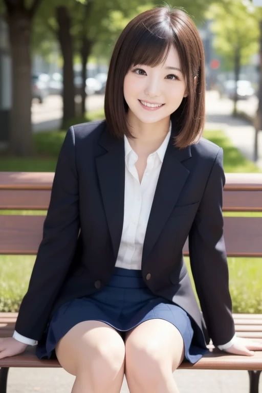 Highest quality、8k、masterpiece、Ultra-high resolution、Clear photos、Professional Lighting、Natural light、Realistic,、Highly detailed skin、Perfect Anatomy、One Woman、30 years old、Baby Face:1.6、Large Breasts、(Large areola)、Large erect nipples:1.2、Glamour、Very short bob hair:1.8、Brown Hair:1.8、Beautiful Hair、Thin legs、smile、Embarrassed expression、(Office Suits:1.2)、Luxury Suits、(Perfect Pantyhose:1.5)、(Navy blue jacket)、White shirt、(Tight mini skirt in navy blue)、at the park、Sit on a bench、(Skirt Lift:1.４)、Sit with your legs apart、Exposed thighs