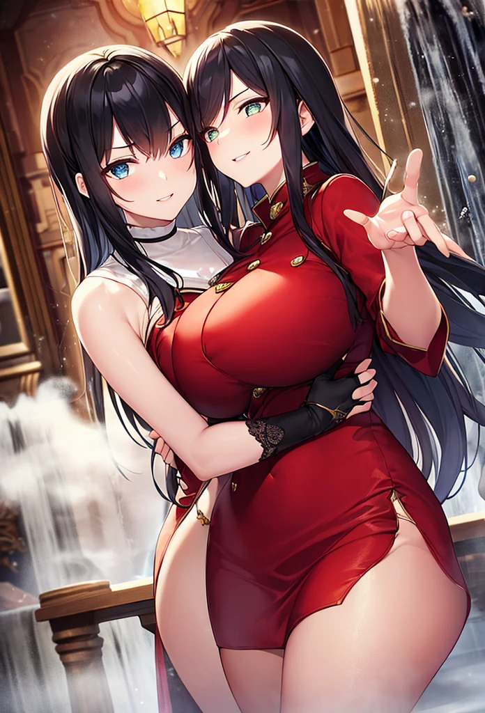 ((highest quality、High resolution))、Blonde、(Two beautiful girls are seducing me)、Large Breasts、Nipples、Love juice、I'm inviting you to have sex