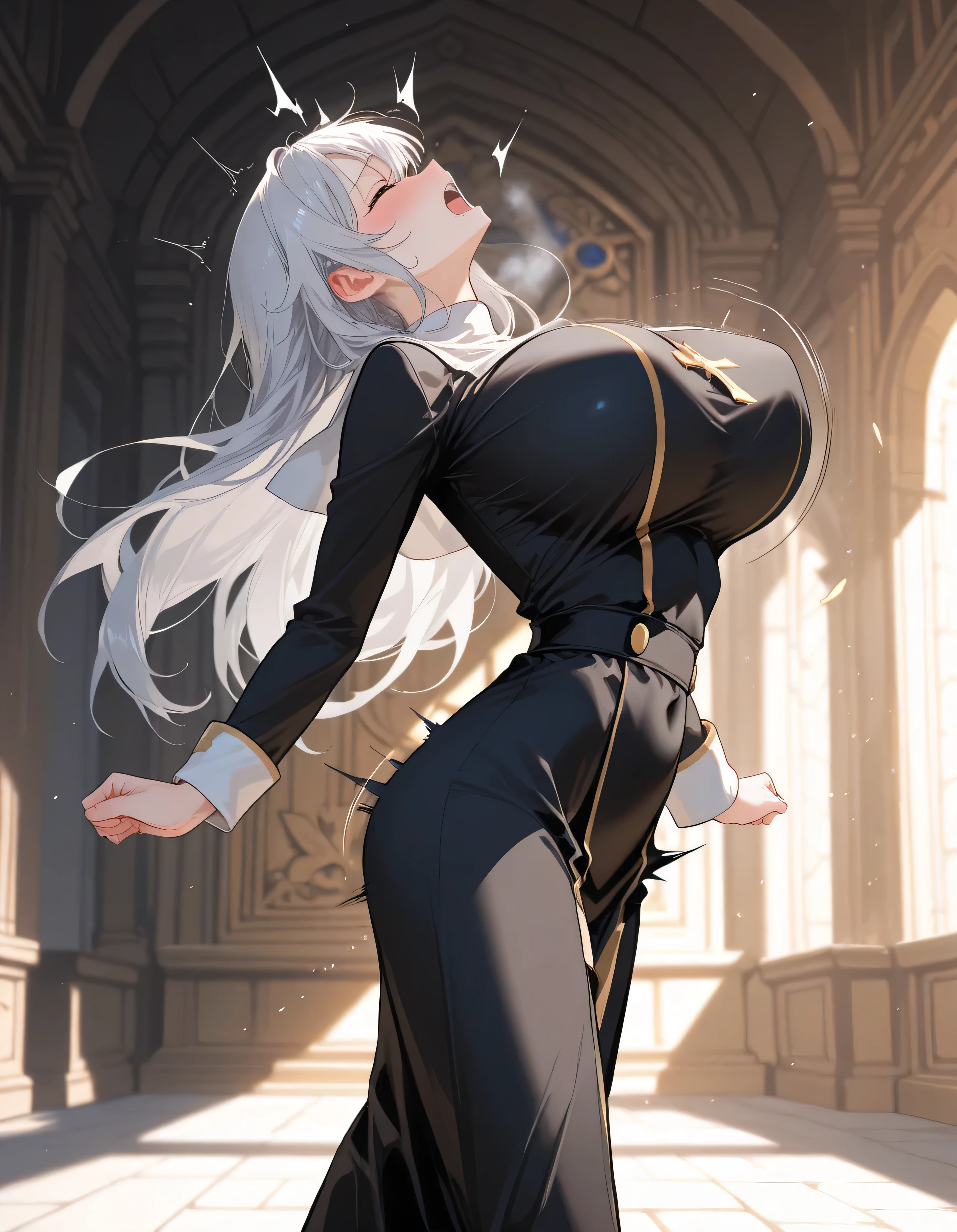 score_9, score_8_up, longlegs_v0.22_pony, BREAK, holy temple, solo, (1 skinny priest), praying hands under breasts, arched back, (bouncing huge breasts), (perky breasts), BREAK, narrow waist, skinny legs, black robe, long skirt, orgasm, erectile nipples, too short torso, slapping both fists