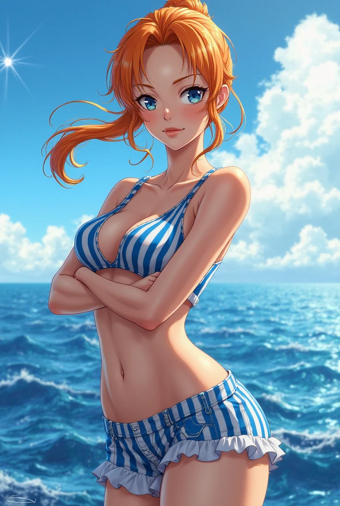 Draw Cassye Sandler, an anime-style female character with lung-length orange hair, thin orange eyebrows and blue eyes, smile on her face.  small breasts, thin waist, big perky ass, thick thighs.  doing artificial tanning on your stomach.  seen from the back with the butt facing the viewer.  bottom-up perspective.  as sexy as possible without going over the limit of sensuality.