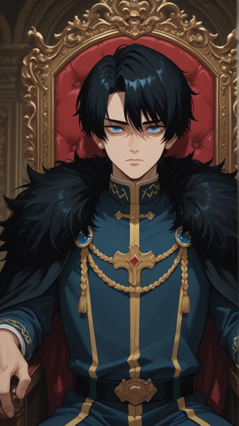 anime sexy man, black hair, emperor, in the cart, intricate clothes
