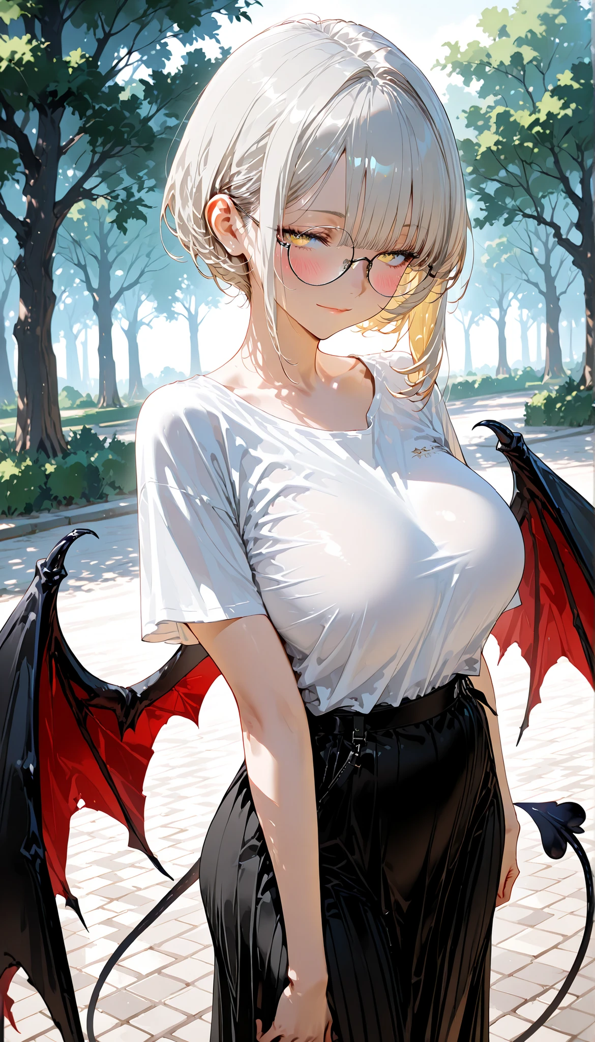 top quality, masterpiece, ultra-precise, ((top quality, masterpiece:1.3)), (sharp focus:1.2), (A beautiful, mature woman with a perfect body, seductive), (blonde eyes), (round glasses), (선명한 눈매), (curl hair, very short hair, light black hair, bangs), (small demon wing, Loose fit short sleeve t-shirt, black long skirt), (park), blush, (large breasts), light smile, feet out of frame.