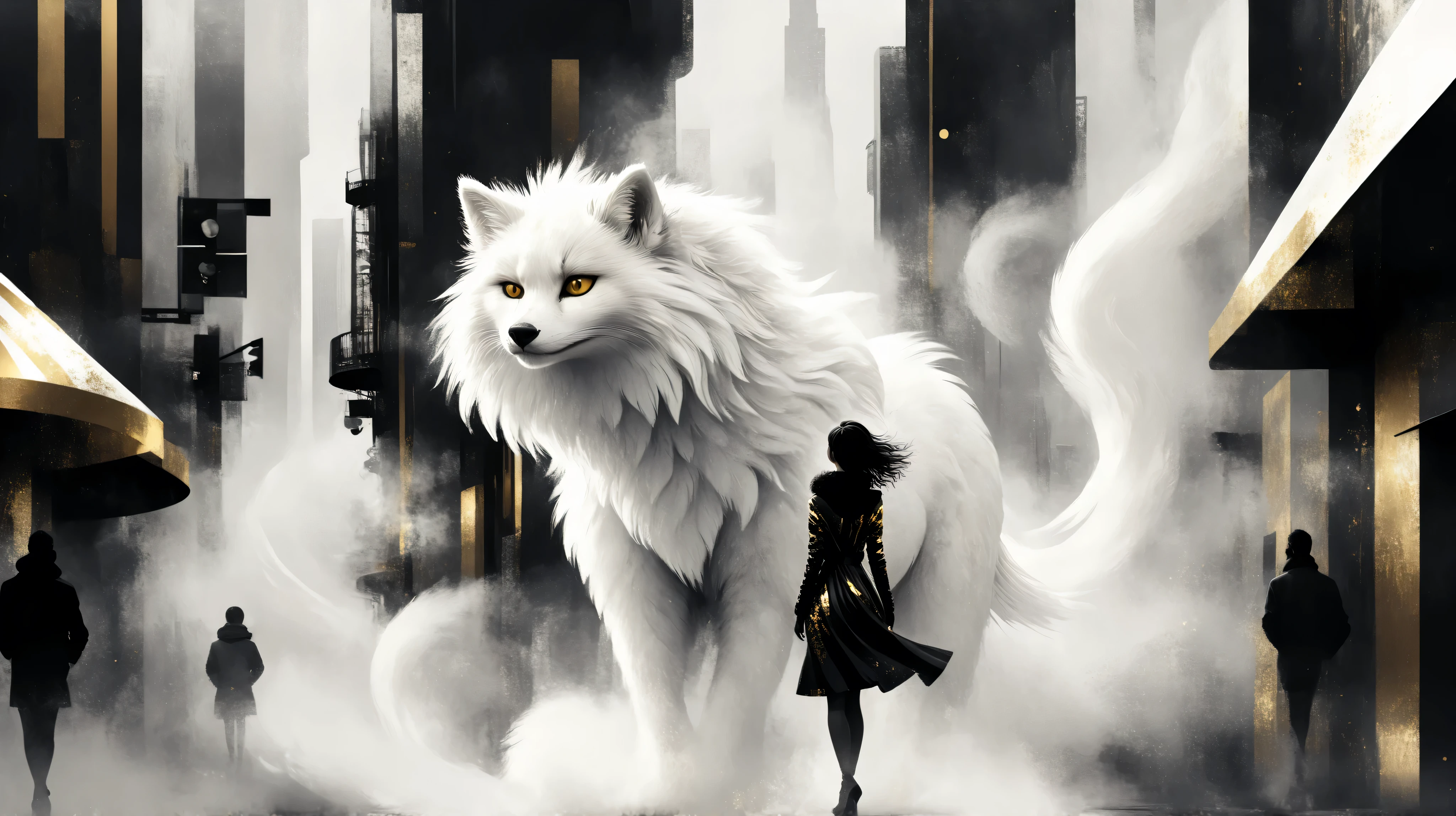 novuschroma style Fluffy magic full body girl fantasy illustration in Novuschroma style in a futuristic city as background. color palette white patterns, black and gold