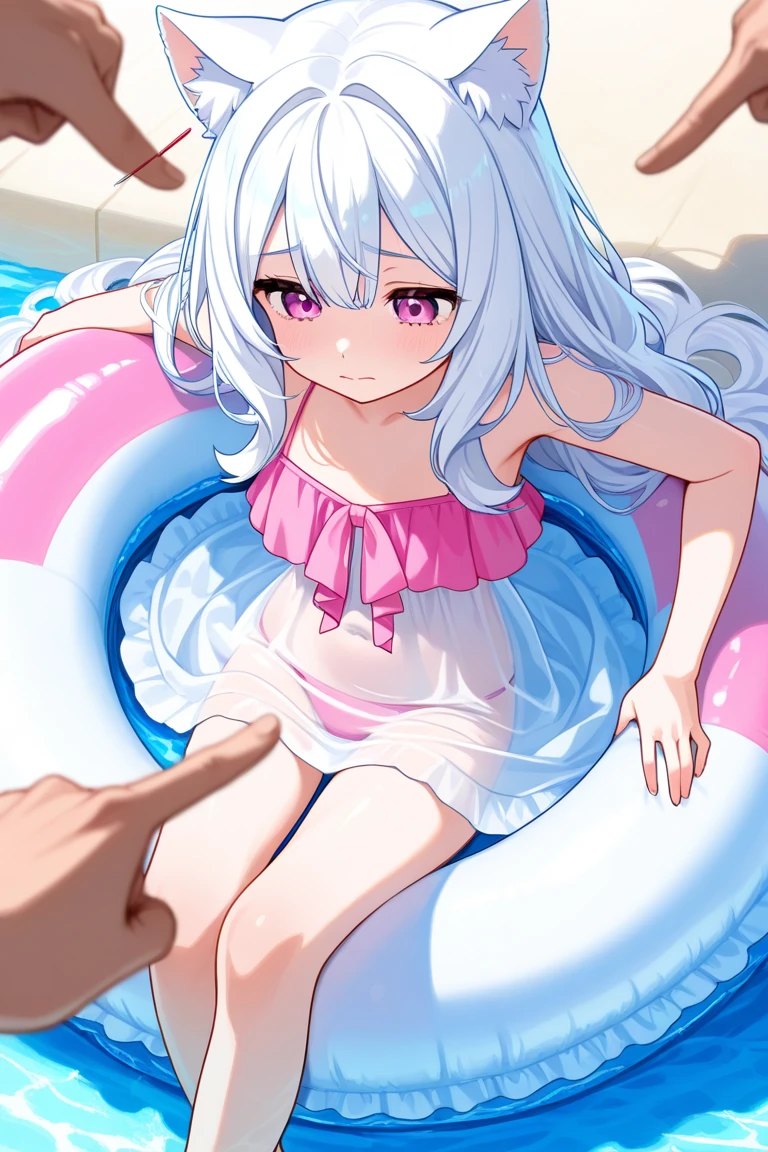A , 11 years old, has white hair and blue eyes. She is not wearing a shirt, only very pink underpants. There is another person who inserts his thumb completely into the child’s mouth. The girl faints and saliva comes out of the child’s mouth. The child’s mouth is pink and beautiful. She is on the side of the pool, sitting on the person who is inserting his finger into her mouth In a swimming hall

