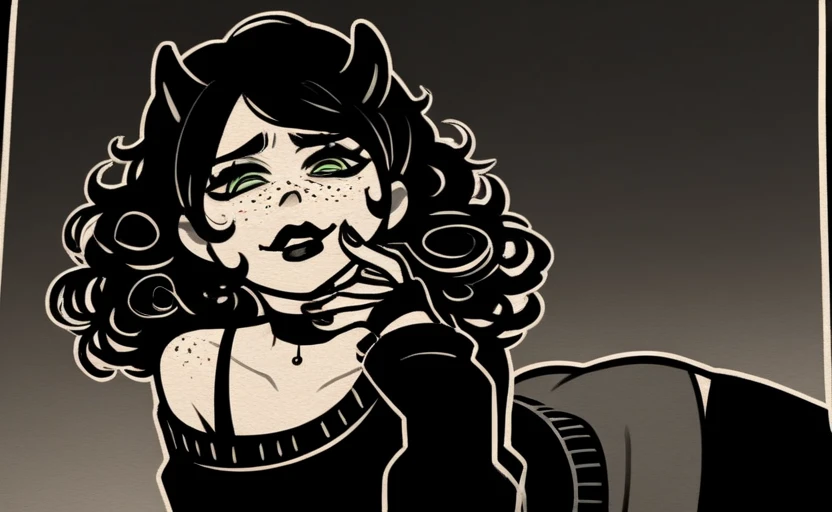 Oni girl, one horn in the center of the forehead, yellow eyes, glasses, cascading bob hairstyle, blond hair color, slightly plump figure, full breasts, narrow waist, curvy hips, close-up face, wide open mouth, cum in mouth, satisfied facial expression , plain background, background of one color, white outline around the character