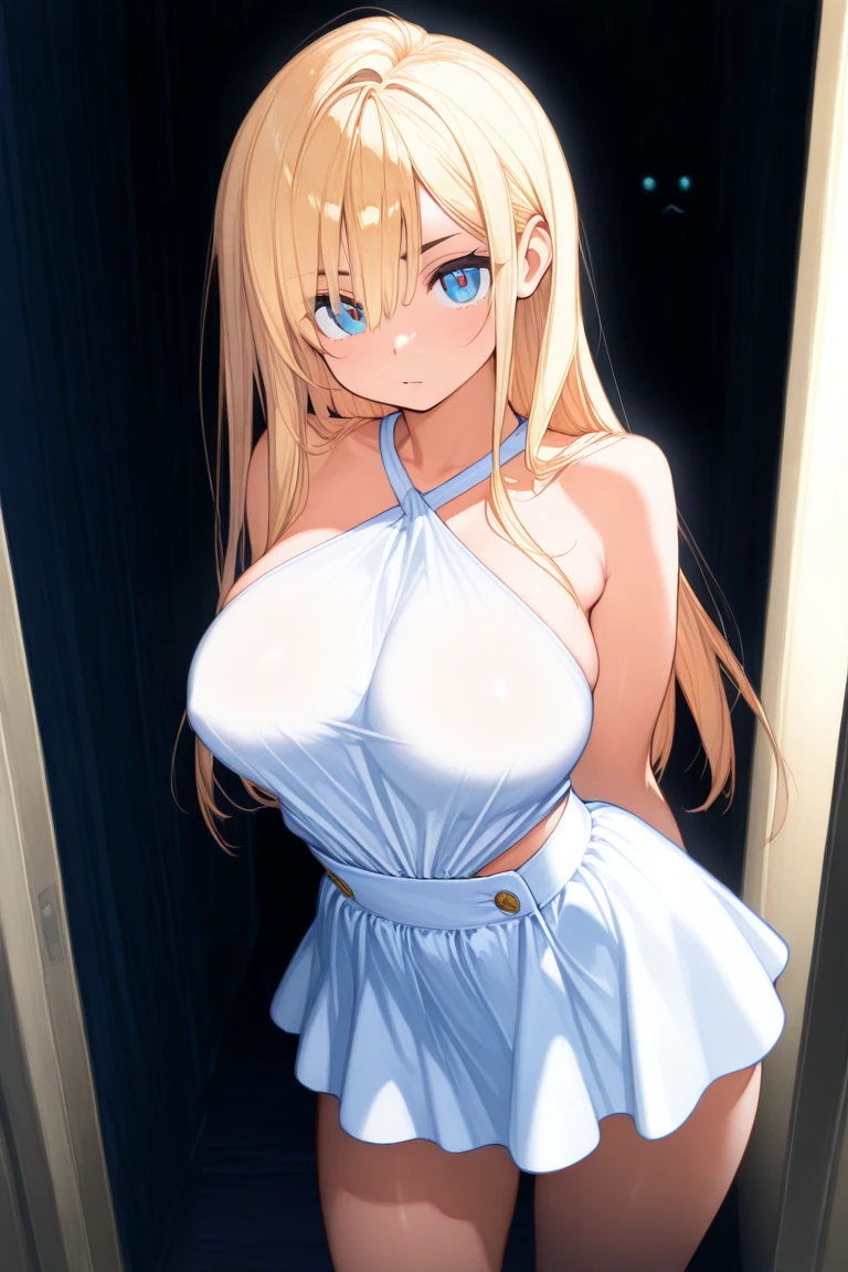 (1girl, Priestess \(goblin slayer!\), goblin slayer!), beautiful detailed eyes, Blue eyes,(tareme), beautiful detailed eyes, yellow eyes,(tareme:1.3), curvy, Slender, large breasts, (black thigh highs), (cleavage) , (sexy pose), (bewitching pose), (crop top navel), (Naked Towel, (see-through Naked Towel, 粘着性のあるNaked Towel)), (close-up shot), dynamic angle, Highest quality, Super detailed, masterpiece, Ultra-high resolution, 8k