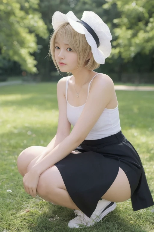 (Close-up:1.4)、(RAW shooting:1.2)、(Photorealistic:1.4)、(masterpiece:1.3)、(highest quality:1.4)、One Girl、(Slender and beautiful girl)、(Small waist)、(Mid-chest:1.2)、Breast、Absurd、Extremely detailed、Very complicated、Detailed face、Detailed eyes、Natural light、Realistic、Very detailed、full body shot、Beautiful Face、(Blonde short cut:1.3)、High school girl in summer clothes、 in uniform、pleated micro mini skirt、high heel loafers、sexy、Lovely、Detailed face、Very long legs、