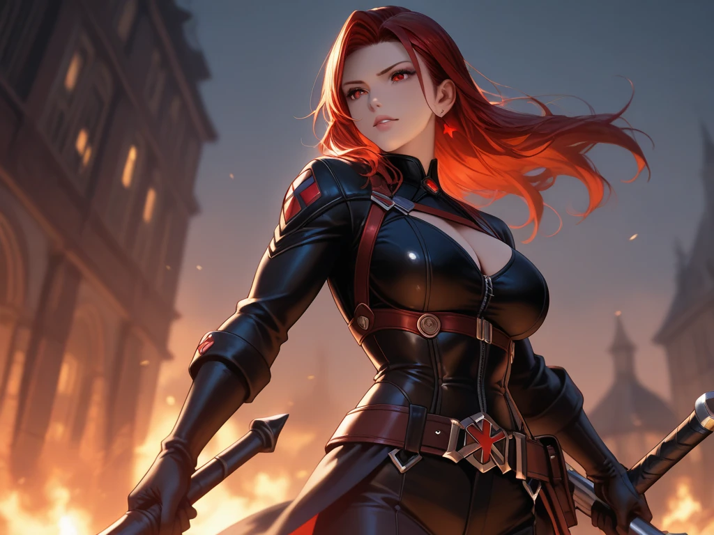 (masterpiece, top quality, best quality, official art, beautiful and aesthetic:1.2), (1girl:1.3), (fractal art:1.3), solo, skarlet from mortal kombat, skarlet mk11, skarlet mk9, Mortal Kombat video game, black headband, long hair, huge breasts,big butt, slim sexy legs, beautiful faces, red face mask, american lady, red ninja uniform for lady, black gloves, red bllody hair, red long socks, long red footwear, a ball of blood floating from hand , large breasts,sexy ninjared uniform , earrings, looking at viewer, upper body, fighting stance, in of her background Mortal kombat logo,