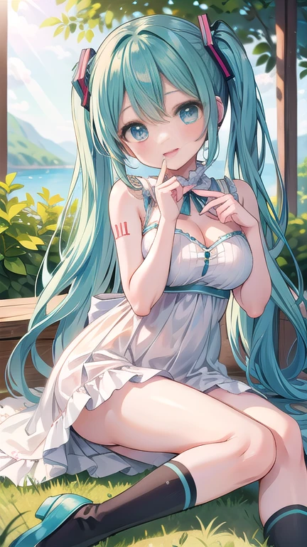 (masterpiece、Highest quality、Highest quality、Official Art、Beautiful and beautiful:1.2)、(One girl:1.3)Hatsune Miku、Twin tails,Beautiful breasts, Katsushika Hokusai,(masterpiece、Highest quality、Official Art:1.2)、Look at the viewers、(Girl))、（Bunny girl&#39;Hair color without clothes）（Blowing in the wind，pass through a gust of wind），Star Island、watering group），Colorful floating starry sky、(2D:1.5)