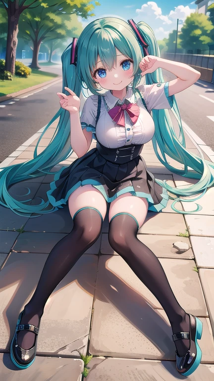 street corner, Street, miku hatsune, closed her eyes, Mouth closed, floating