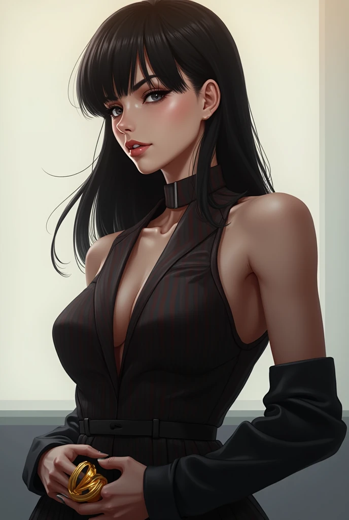 (masterpiece:1.2, best quality), 1milf, solo, (upper body), latexskin, close-up, open chested, curvy
bobbed hair,
black blazer with white shirt,
Sleek and polished with a bold lip color
Timeless watch and minimalistic jewelry
Sleek, straight hair
in office, (boobs visible)