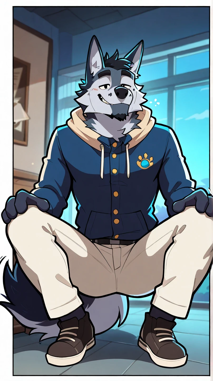depth of field, disconnected background, eye Reflections, Reflections, Dutch Angle, anthropomorphic, adult, furry, hairy, no human, lobo tail, Sound effect , seductive expression, SEDUCTIVE Look, Sound effect , motion lines, by gr3yyy , black eyes, Masterpiece, better quality, amazing quality, very aesthetic, absurd, NEW , eyes focus, 1 , hairy, lobo , Alone , eyes, lobo tail, animal ears, tight white pants, of 19 around neck, of 19, dog niño , orejas de dog, full body buttons, dog' camisa sin mangas blue claro, shake, Shoes , blue , hands on knees, , watching the spectator, squatting, Forehead position, squatting, Alone, lobo ears.