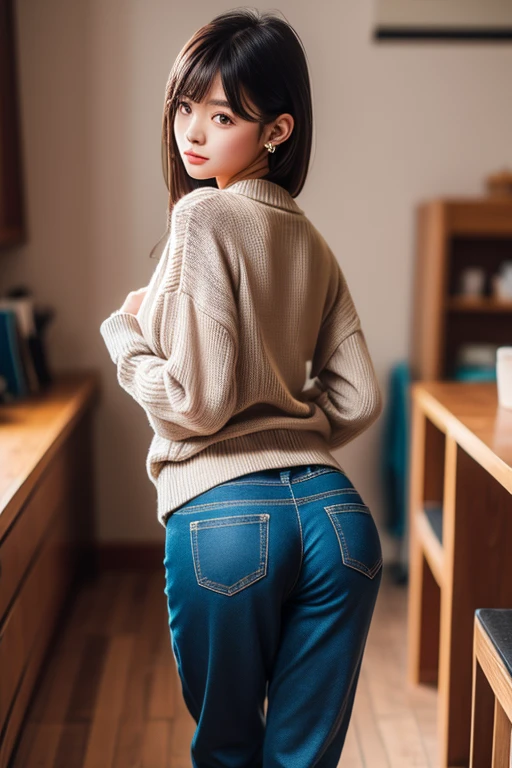 punk girl, grinning agressive expression, blue braided hair, standing at desk, knitted sweater, yellow translucent plastic pants, strong jawline, gorgeous face, shoes, full view from below, textured pants, very detailed facial features, crisp face, Perfect body, view from behind, from above, squats,