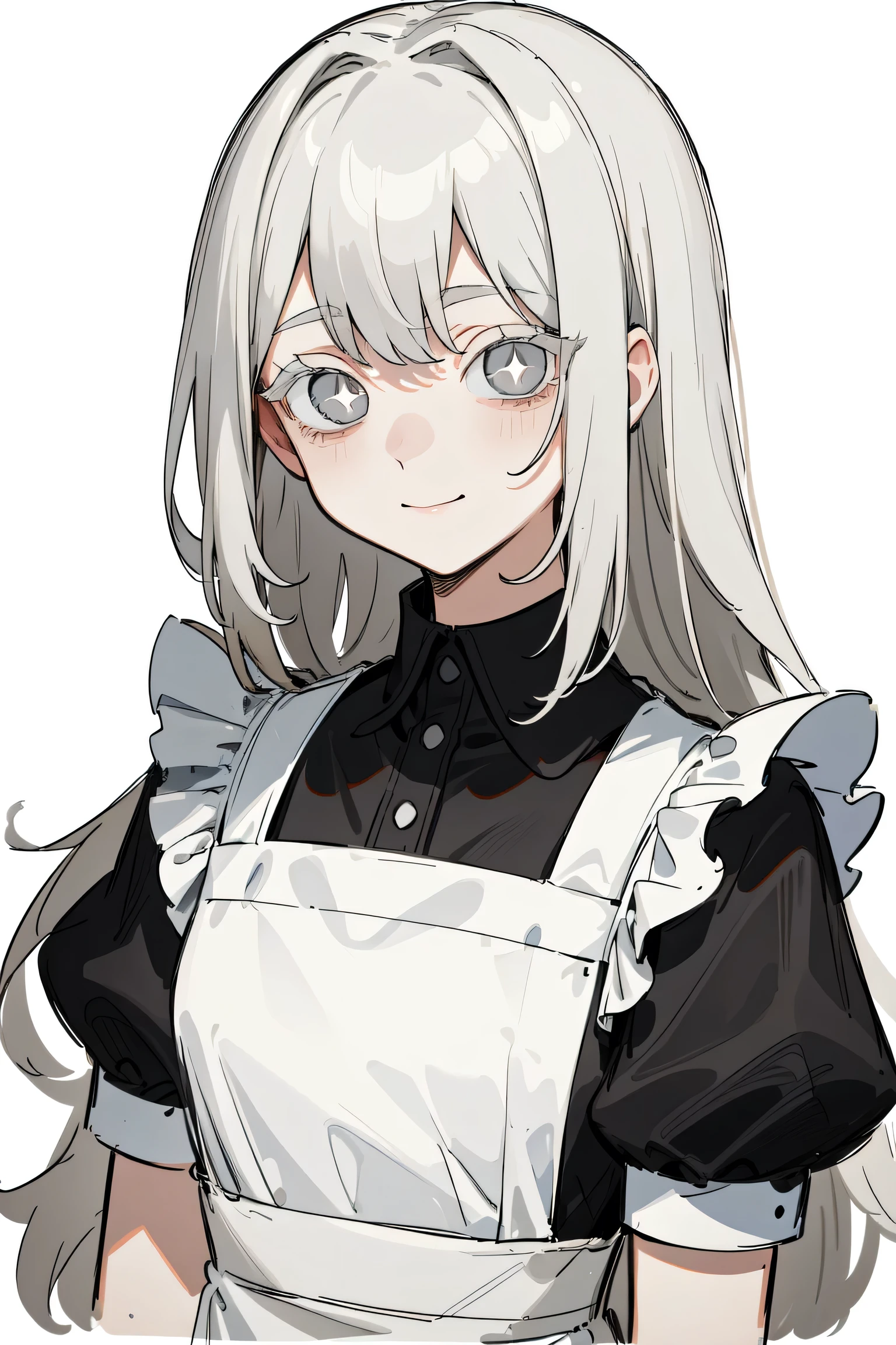( masterpiece, hanging next to it, super high quality, From Quan, sketch:1.1), ((portrait)), 1 Girl, alone, young long hair gray hair, Straight Hair, straight bangs, ((light gray eyes, White eyes)), ( blank , Eye bags:1.2), (Colored eyelashes, white eyelash :1.2), small , df black shoes, neutral, Expressive ability, small smile, V-Shaped Smile, Curved smile, :>, black and white dress , maid, white apron, upper body, standing, Hands on the back, isometric lightning , white background, simple background