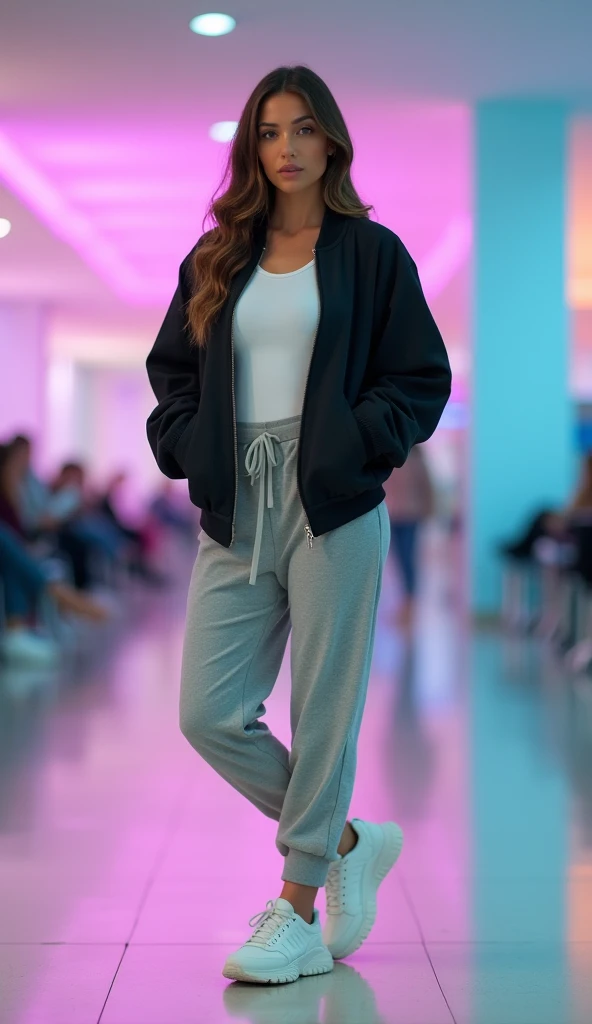 arafed woman in a black jacket and jeans standing in front of a wall, wearing jeans and a black hoodie, casual pose, full body picture, casual, taken in 2 0 2 0, fit pic, taken with sony alpha 9, casually dressed, full body pictures, taken in 2022, wearing casual clothes, full body photogenic shot