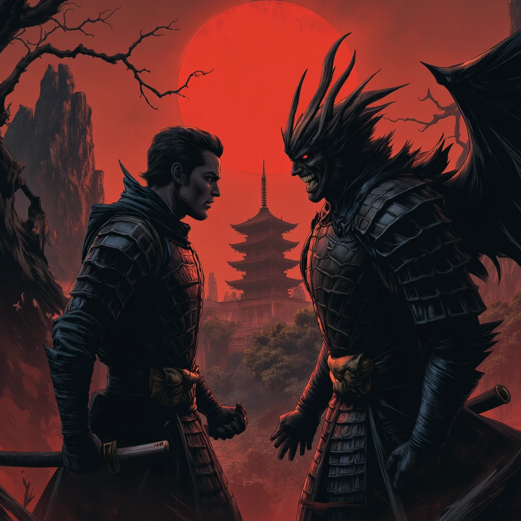 Samurai Boss red armor. 3 katanas, one red light katana. Red moon... dark night, darkness, clouds. Strong wind --auto