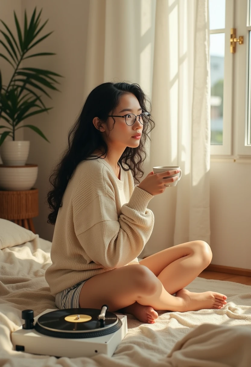 score_9,score_8_up,score_7_up,score_6_up, 1girl,
sitting in bed next to a large window, holding coffee cup, steaming coffee cup, wearing over sized hoodie, black hoodie, long hair, black hair, pov from the side, sitting with knees against chest, hoodie over legs, plants on the windowsill, looking out the window, looking away from viewer, background through window is vast space, galaxy background, vietnam