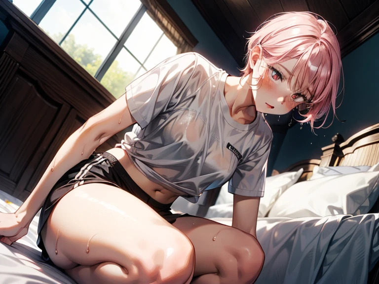 ((masterpiece,Highest quality:1.3,best quality illustration)),cowboy shot,1woman,16-year-old Japan beauty,((very small head:1.4)),short bob hair,bangs,(pink hair),brown eyes,gorgeous eyes,shy,medium breasts,((very long body:1.3)),(White tank top,Grey micro shorts),navel、(toned body,slender body,skinny),gleaming skin,shiny skin,oily skin,sweat,sitting,spread legs:1.3. Simple Bedroom、simple hotel、Tokyo,