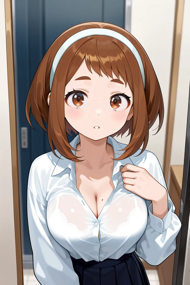 Ochako Uraraka, naked, huge breasts, she is showing her tits, linda, sexy, looking at the viewer, she has huge tits size, she is completely naked, she has naked tits, round ass, NSFW, pretty face, perfect hands, blushing, short hair, she is serving in a coffee shop, showing pussy and tits