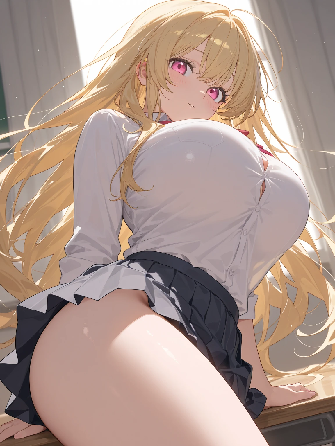 ((Tabletop, Highest quality, High resolution, Hmph, Pixel Perfect, 4K, Hmph, Hmph))),((1 male,1 female:1.6)),((男 and woman having sex:1.6)),(There is also a man in the photo:1.6), beauty、The whole body is visible、 ((Mid-wave hair, bangs, blonde)), ((Brown eyes, Beautiful eyelashes, Heart Eyes)), ((Detailed face, Smiling excited face:1.2)), ((Smooth texture:0.75, Realistic texture:0.65, Realistic:1.1, Anime CG Style)), (Big Breasts:1.5), Dynamic Angle, Perfect body, ((uniform,White shirt, Black Skirt, Check skirt)), classroom,Open your mouth in amazement、(She lifted her skirt with her hands:1.2)、(Big Ass:1.5),(Stick your butt out:1.5),((urination:1.5)),(Wet pussy),(Meet your audience face-to-face:1.6),(Squat:1.3),(White knee-high socks:1.2),(Brown Loafers),(plump:1.3),(Spread your legs:1.3),(Insert your penis:1.6),(vapor:1.3),(Sex on top of a man:1.7),(Man's penis),Cute face、Well-formed face,(Positive:1.7),(Ahegao,White of the eyes:1.3)