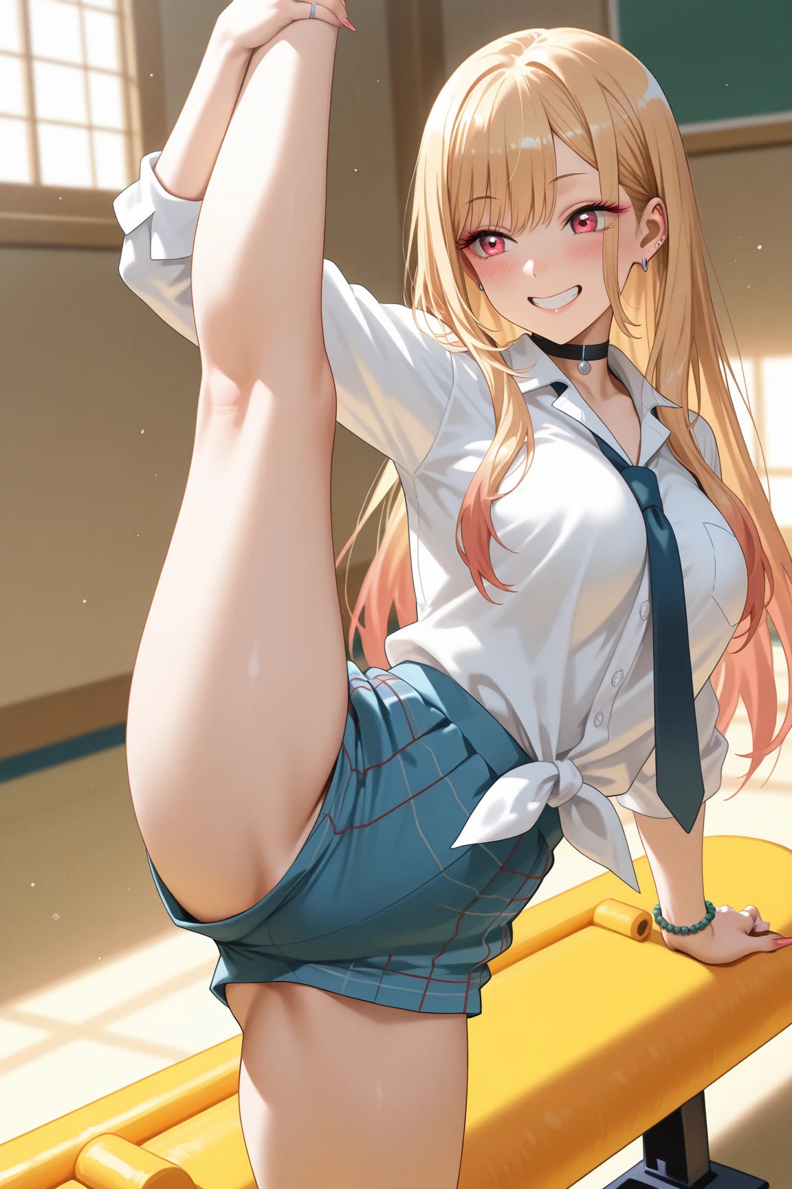 (A beautiful young Japanese woman), nsfw, Detailed Background, (((独奏))), ((Excellent anatomy: 1.2)), (Golden Hair, Short pigtails), flat chest, (dark skin:1.３), (green eyes), (Short), (Beautiful Eyes), (Short sleeve white shirt), (Sky blue bow:1.3), (Dark blue checked mini skirt:1.5), (loose socks:1.3), (loafers), (Angry:1.2), Blushing, (Golden bracelet), (Hair Accessories), Gold Necklace, Earrings, standing split, Beautiful thighs, panty shot
