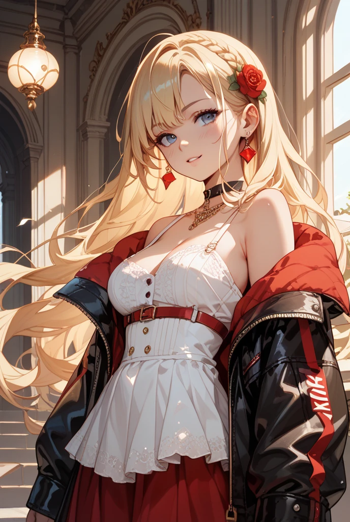 (8k,High resolution,masterpiece, accurate, Anatomically correct, Winner of numerous awards, 最high quality, High-resolution model, high quality, High detail, Very detailed:1.3)One person,16 year old girl,red eye(Big eyes)(Drooping eyes)Blushing,Hilda Hopes, smile,View your viewers, Hair Bun,blonde,Twin tails,dress, Red gloves, boots, Hoop Earrings,Large Breasts, (Cleavage)(grassland at sunset:1.0)(under the big tree)red and black dress,mini skirt