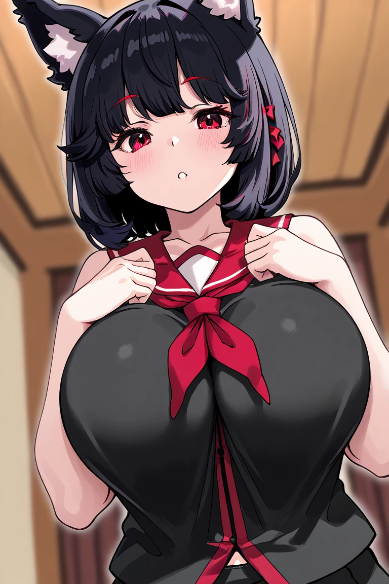 ((Tabletop, Highest quality, High resolution, Pixel perfect, 4K, nsfw)))、1 Girl, Beautiful woman、((short hair, Long sideburns、Black Hair)), ((Red eyes, Beautiful eyelashes, Realistic eyes)), ((Detailed face, blush:1.2)), ((Smooth texture:0.75, Realistic texture:0.65, Realistic:1.1, Anime CG Style)), (((Muscular)))、((Huge breasts、Thick thighs)), Perfect body、dark office room at night、((((Embarrassing、blush))))、((vapor、Sweat))、Gold Hair Ornament、(Put your hands behind your head、Armpits、Lying in bed)、Red ribbed sweater、White Panties