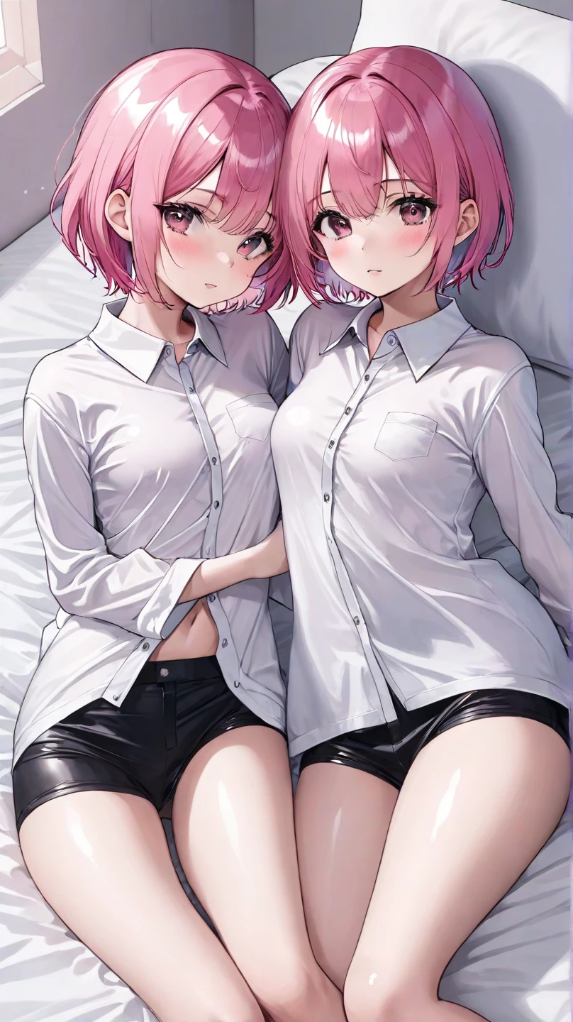 (Highest quality), (masterpiece), highly detailed, Ultra-high resolution, 2 baby girls, young girl, Sisters sleeping side by side, close together, Ichika is sleeping naked in bed with her legs spread apart in pantyhose with my penis inserted during raw insertion and insemination sex, and next to her is Nino, sleeping naked in pantyhose with her legs spread apart, leaking from her urethra, and sleeping with her eyes closed., Two whole bodies, Eyes that are uniform in shape, She has pubic hair growing, Beautiful Vagina, White semen is spilling out from the gap between her vagina and my penis inserted in her vagina., A small cross-section of a uterus with a penis expelling semen in the background, Pink Hair, Asymmetrical Very Short Hair, Small Breasts,