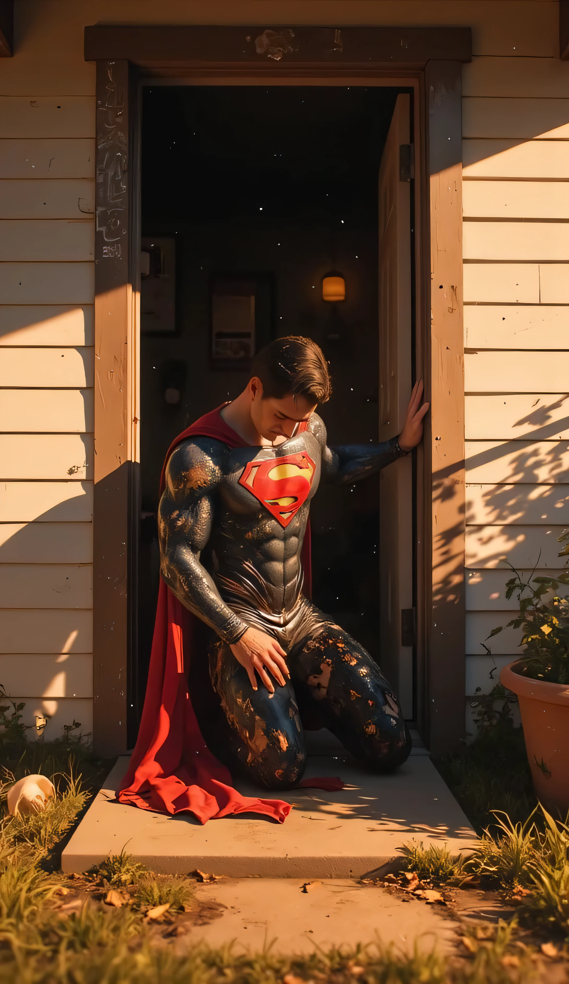 A hyper-realistic, ultra-detailed 8K cinematic scene. The camera is positioned outside a modest, quiet rural house, looking through the open front door into a dimly lit interior. Superman is just inside the doorway, wearing his iconic red-and-blue suit, now torn, dirty, and scorched. He is kneeling down, his right hand gripping the doorframe for support, and his head is bowed slightly, conveying exhaustion, pain, or deep contemplation.
The warm afternoon light casts his shadow into the house, illuminating floating dust particles. His cape lies wrinkled and dusty behind him. The house interior is simple, rustic, and calm, contrasting the epic struggle he’s just endured. The scene emphasizes vulnerability — a legendary hero in a rare moment of weakness.