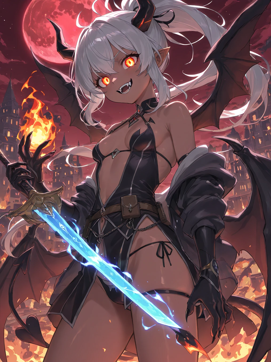 (masutepiece, Best Quality),1girl, tail, wings, demon-girl, horns, solo, demon-tail, thighhighs, pointy-ears, weapon, o-ring, purple-hair, demon-wings, swimsuit, open-mouth, thigh-boots, jewelry, shorts, navel, holding, looking-at-viewer, boots, bracelet, flat-chest, detached-sleeves, o-ring-top, holding-weapon, demon-horns, blue-eyes, short-hair, skull, colored-skin, black-bikini, black-footwear, fang, short-shorts, full-body, black-thighhighs, faux-figurine, bare-shoulders, dark-skin, micro-bikini, blush, bangs, dark-skinned-female, highleg, tail-ornament, holding-sword, two-side-up, fur-trim, knife, bikini-top-only, aqua-eyes bone, black-shorts
