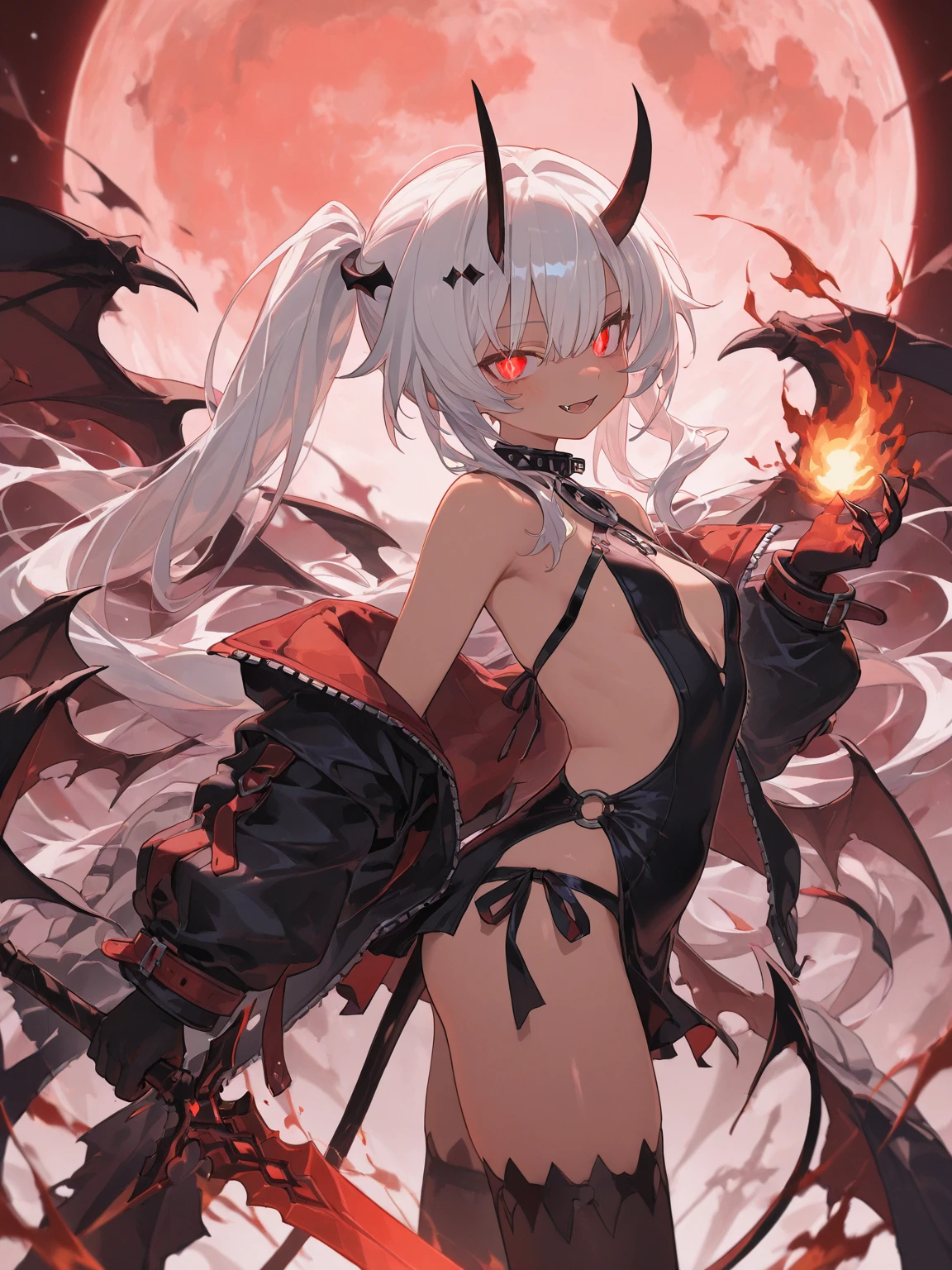 Half dragon and half demon girl with dragon horns and dragon tail and black dragon wings And and small butt