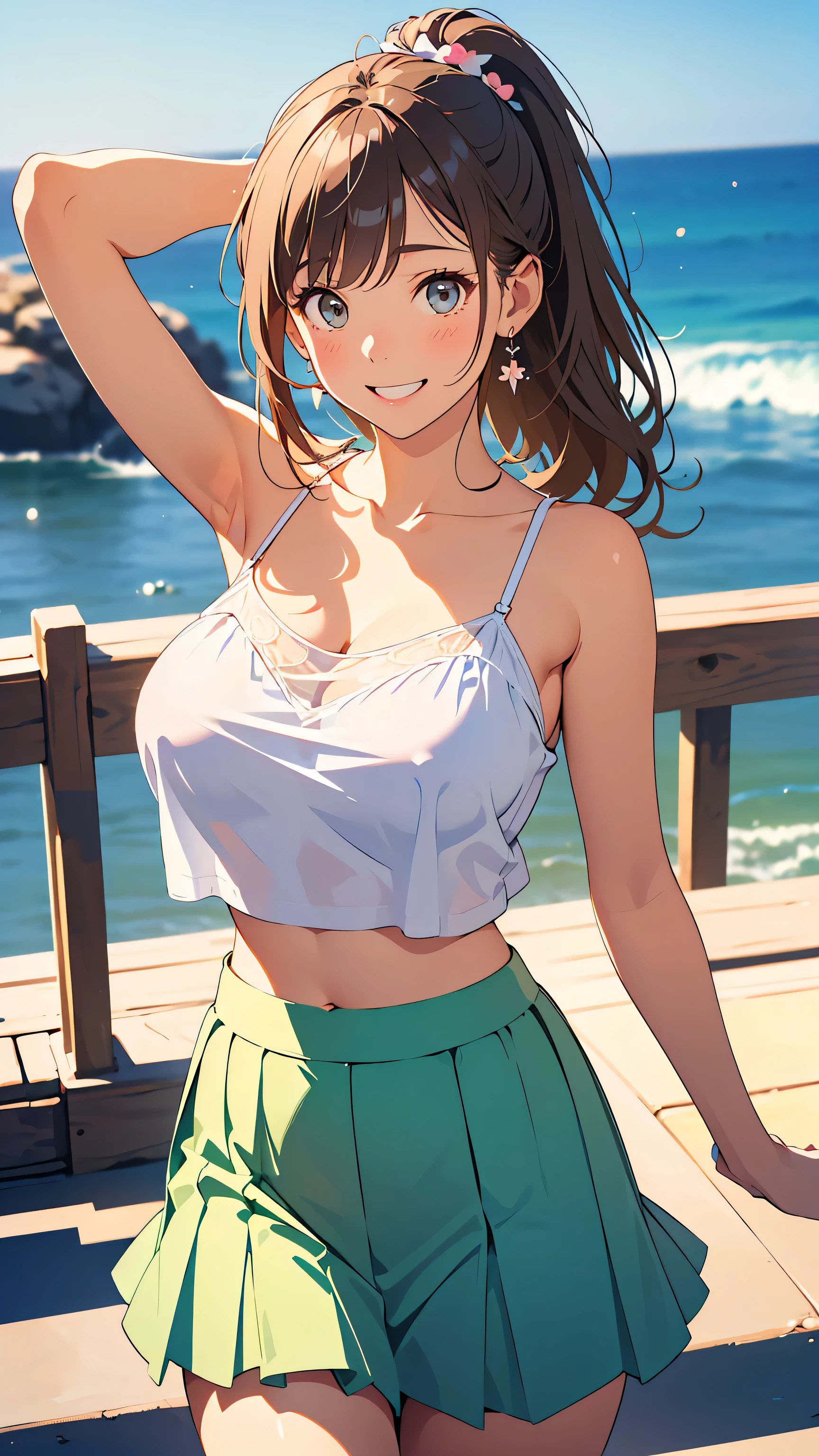 masterpiece, Highest Quality, This is an illustration of a seaside park, ((outlined with very thin lines :1.3)), very accurate, fine sections , high definition, 8k Wallpaper, SLR camera , perfect dynamic configuration, detailed expressions , beautiful eyes on my stomach、Down to the smallest detail, cheek gloss highlights, model body type, biologically accurate limbs , showing the details of a beautiful face, (輝くwhite肌, natural feel , Natural Skin Radiance), natural light, (beautiful and shiny hair, smooth hair, brown hair, Thinning hair), (28-year-old woman, cute, Japanese adult woman), (Big Natural :1.6), (Big, crisp breasts , Round Breasts), thin waist,(white, Camisole blouse, very girly, frill), cuteカーディガン, ( long light green skirt , race, gypsy skirt),Skirt Blown in the Wind,( thin leather belt ), (long hair, shiny hair, up ponytail, curl, Disheveled Hair), sexy pose, Boob Tent:1.2, ((smile, awkward expression:1.3)), Face Focus, walk, dance, On a date, fun and exciting , Dynamic Composition, Seaside Park,Strolling through a seaside park, You can see a sailboat in the distance, Picture of a flower bed with very small flowers blooming, cowboy shot,from front,