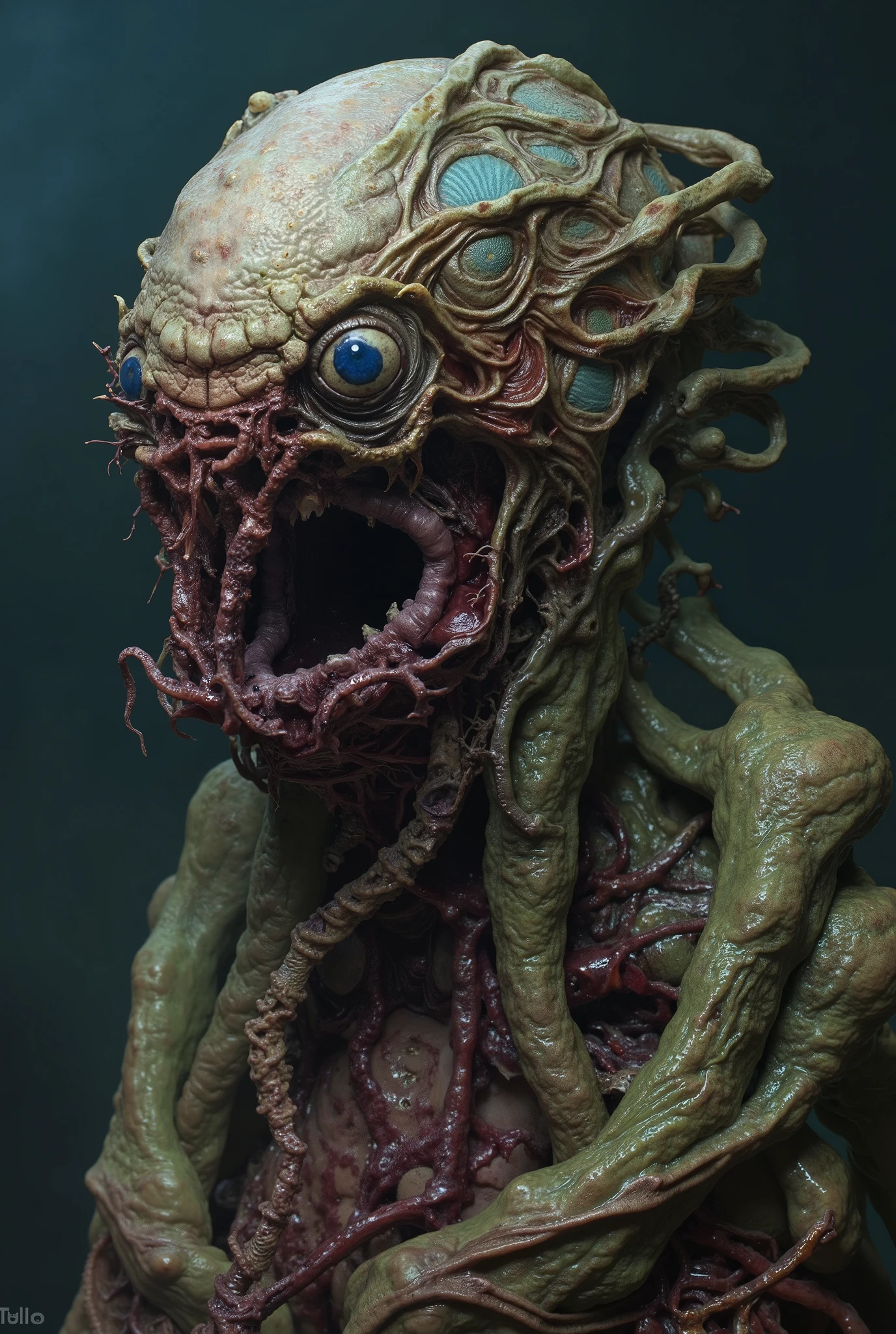 The terrifying monster Mozuma has a terrifying appearance with its outer skin and internal organs reversed, and its brain is visible from the outside. It is said that during the day it takes the form of a beautiful woman, but at night it spits out its internal organs from its mouth, turns inside out, and reveals its true form. Its favorite food is human, highly detailed and richly textured, decaying yet majestic, 4k HD, super realistic, professional-grade photos, vivid and colorful, exudes soft light and shadow, Extreme Detail, neon colored