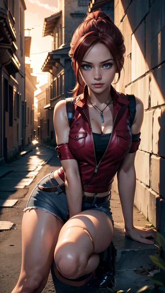 Masterpiece, Best quality:1.2), Expressive eyes, Perfect face, High accuracy, 1 girl, Single, (feminine:1.5), Chris Redfield, Tight blue shirt, Damaged jeans visible under a red bikini , Fingerless gloves, belt, blushing, Surprisingly, He sits, painting, Looking at the scenes,