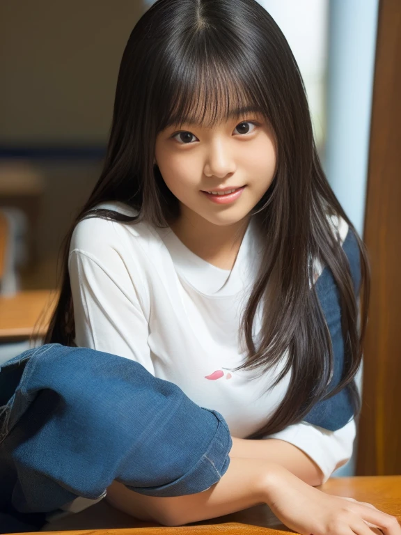 Tabletop, Highest quality, 8k, 10 year old student, Teen, RAW Photos, Absurd, Award-winning portrait, smile, alone, (night:1.8), Idol's face, Violet, Delicate girl, Upper Body, Digital SLR, View your viewers, Frank, Sophisticated,Thin arms, Professional Lighting, Film Grain, chromatic aberration, (Eye and facial details:1.0), (Bokeh:1.1) , (Robe Dress:1.0) , Close your mouth
