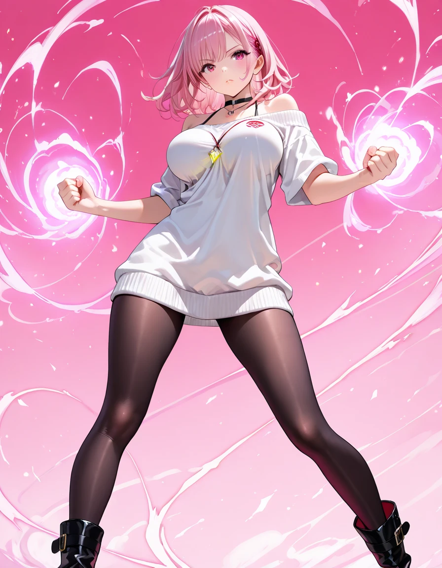 1girl,20s,medium hair, pink hair,pink eyes, surprised expression,medium breasts,cleavage,white shirt,black skirt,short sleeves,standing,no background,full body,breasts squeezed together,((hands on own chest))
