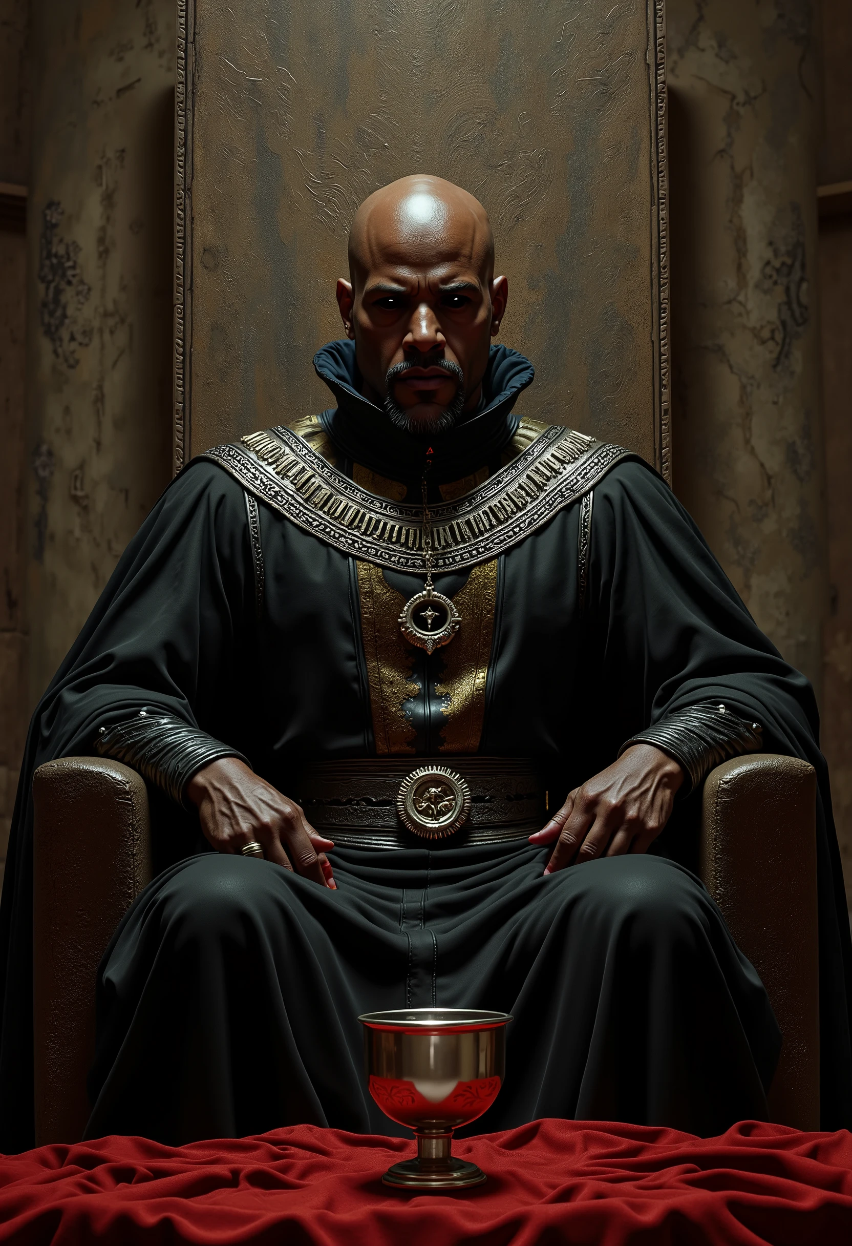 a black bald man with a goatee, seated in what appears to be a throne-like chair within a stone structure. He has a serious expression and is looking slightly off to his right. His eyes were completely black, with no visible iris or pupil. He is wearing a dark robe medieval jacket over a lighter-colored leather garment with ornate gold detailing around the shoulders and chest. A prominent silver necklace with a circular pendant hangs around his neck. He also seems to be wearing a dark turtleneck underneath. In front of him, resting on what looks like a red cushion or draped fabric, is a metallic goblet or chalice. The background features stone walls with some indistinct markings or carvings. The overall lighting suggests a somewhat dramatic or formal setting.