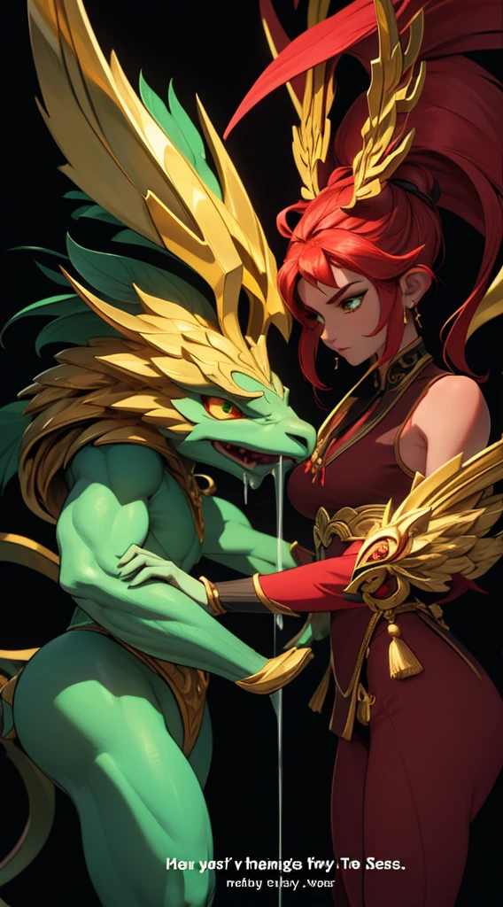 china guardian dragon woman with green eyes, red horns and his big red hair with moths in his hair