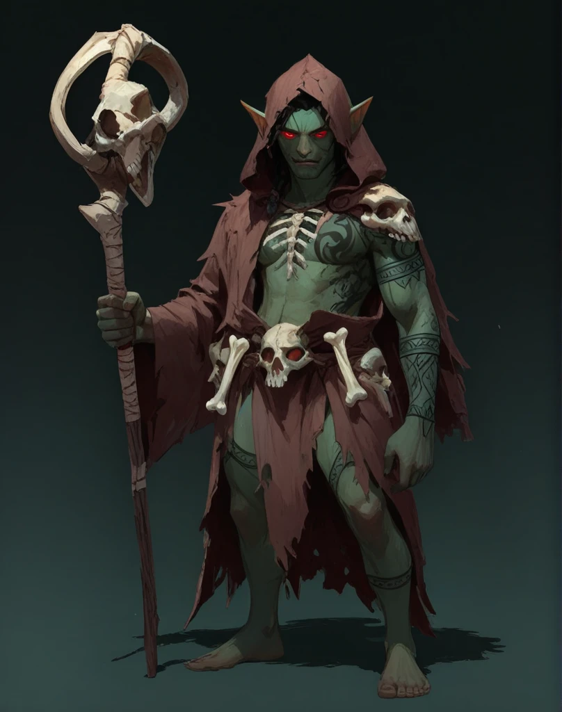 Half orc male, pale gray skin, skin bound amulet (ruby skull),