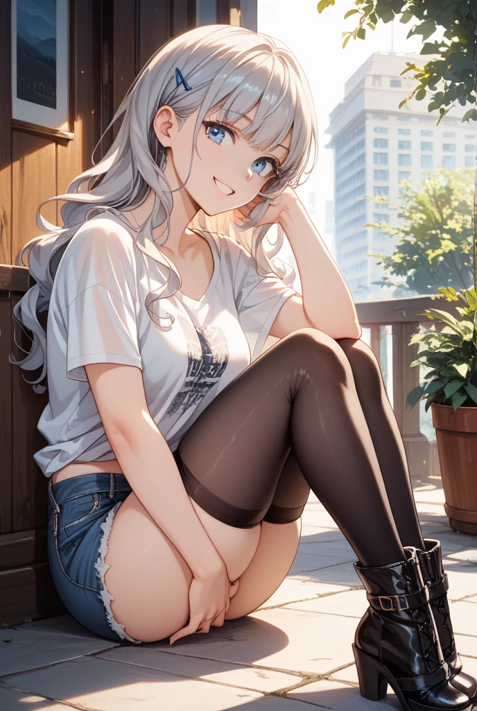 A girl sitting on a stool with legs crossed