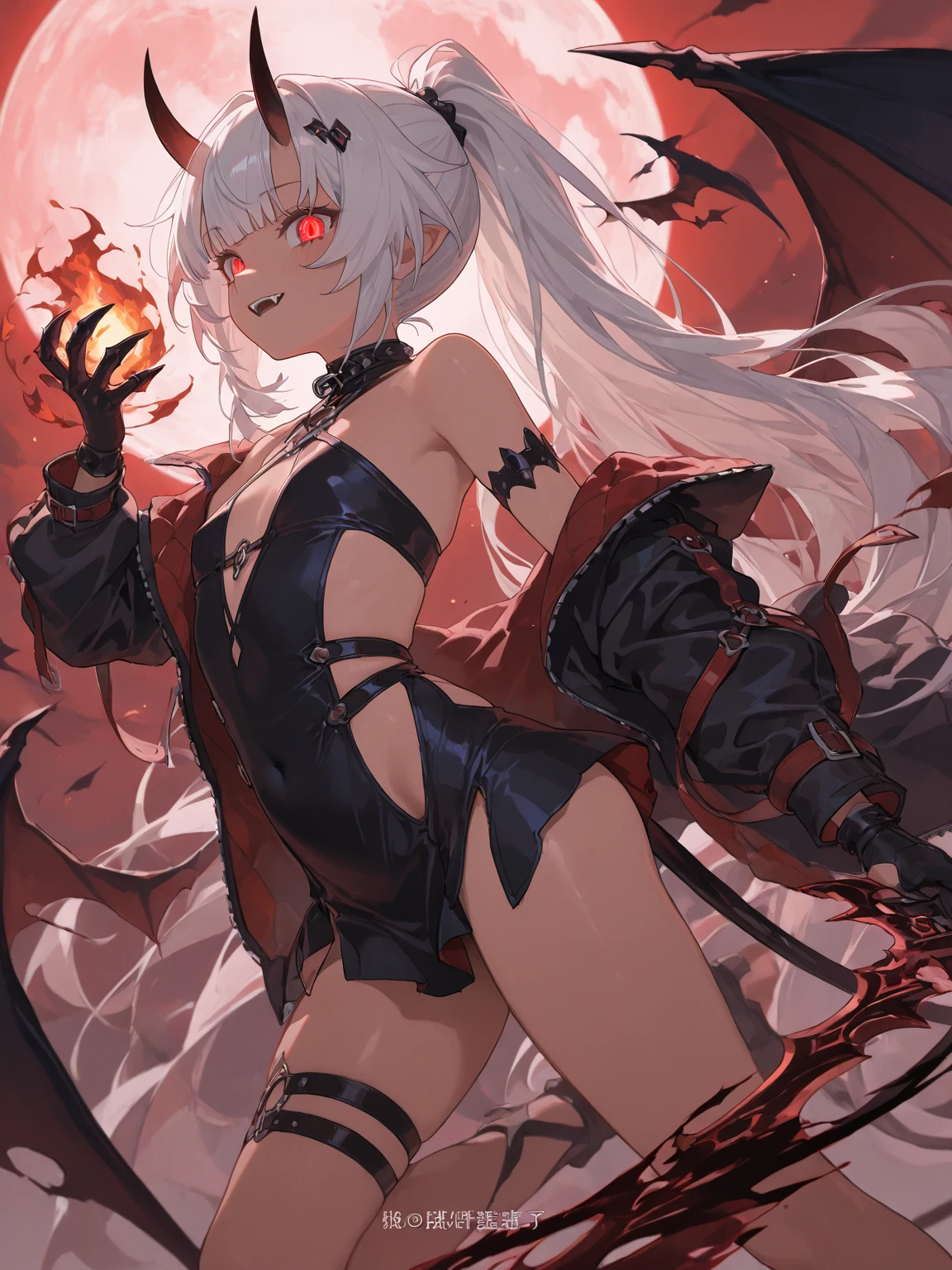 (masterpiece, best quality:1.2), mature curvy female dragon girl, solo, leather bra, leather pants, red eyes, red-black demon wings. smiling, fangs, holding trident, powerful stance , white hair