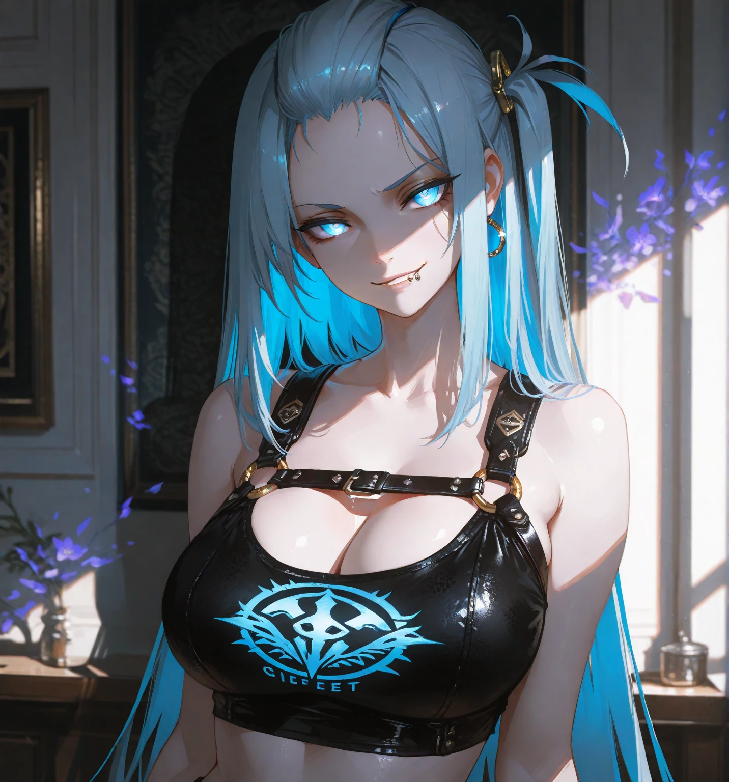 handsome older WOMAN，blue-eyes，blue pupils，Long blue hair，Hyperresolution，accuracy，Detailed rendering，（Subtle facial image）（Image of fine hair）（topquality）（Masterpieces of masters）（High degree of completeness）（A sense of atmosphere）tmasterpiece，Super detailed and super detailed（half-body portrait), long wavy blue hair, (((tHICK WAVY HAIR)))(((ANKLE LENGTH HAIR)))(((Blushing)))(((Huge breasts)))(((LARGER BREASTS))) large breasts, bigger breasts (((Bigger breasts))) (((Blushing))) (((Sakimichan))) (((blue hair))) (((black Rockstar outfit))) (((Leather black outfit))) (((Rockstar)))(((Fishnet tights)))(((cASUAL ROCK OUTFIT))) (((gRUNGE OUTFIT))) (((rOCK MAKEUP))) (((sINGING))) (((bLACK LEATHER OUTFIT))) (((bLACK EYELINER)))(((Fierce expression))) (((Focused))) (((Hair in a long ponytail))) (((Ponytail))) (((sEXY LINGERIE))) (((Elf ears)))(((Spotlight)))