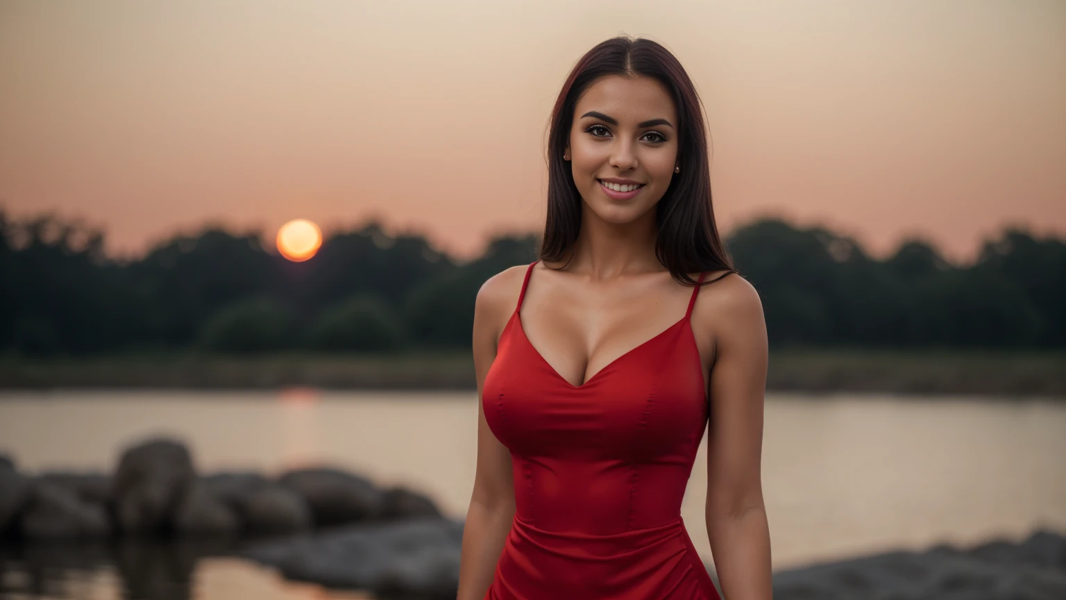 8k, masterpiece, RAW photo, best quality, photorealistic, extremely detailed CG unity 8k wallpaper, Depth of field, Cinematic Light, Lens Flare, Ray tracing, (extremely beautiful face, beautiful lips, beautiful eyes), intricate detail face, ((ultra detailed skin)), ((1girl:1.4)), ((standing)), in the beach, deep shadow, [Raiana-Elizabeth-Dilla], pretty girl, (very slim slender fit-muscled body:1.3), ((beautiful legs:1.3)), ((looking at viewer)),(big smile:1), (sexy ((see-through)) ((ultra-short ((red:1.1)) bohemian-style minidress), ((sunset)), (reef), (blurred background), (without people in the background:1.3), beautiful earrings, bracelets, necklace, pantyhose, clear eyes, (pale skin), (face forward), ((full-body:1.93, cinematic shot)), (black hairs), (looking at viewer:1.8), cleavage breasts, large breasts, touching the breast, highly detailed, ultra realistic, extremely detailed and realistic ((red:1.1)) clothes.