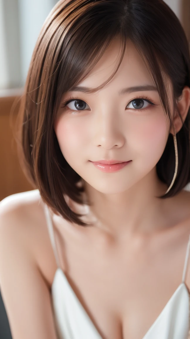masutepiece, Best Quality, Illustration, Ultra-detailed, finely detail, hight resolution, 8K Wallpaper, Perfect dynamic composition, Beautiful detailed eyes,Short bob hair,Small breasts natural color lip, Bold sexy poses,Smile,Shibuya、20 years girl、Cute、Subject looking at sexy pose on camera,Bold gravure model pose
