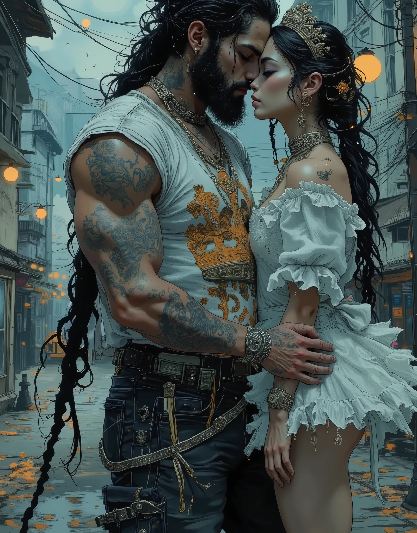 The beautiful bohemian king and queen are hugging each other. The digital illustration shows a muscular male king with long, loose black hair tied back and decorated with orange strands. He has a full beard and tattoos on his arms. He is wearing a white T-shirt with a graphic design in the form of a golden royal crown, black trousers with lots of straps and buckles, and black high-top sneakers.Behind the king stands a beautiful young woman, the queen. She's wearing a white tutu and pointe shoes. She stands on the tips of her toes, holding onto the king's shoulder.She has stage makeup and a hairstyle with a small crown in her hair. The background is a mix of abstract and urban elements, with a cool color palette dominated by shades of blue and gray. The overall style of the game is very detailed and dynamic, with an emphasis on strong and confident character behavior. Surreal digital art.