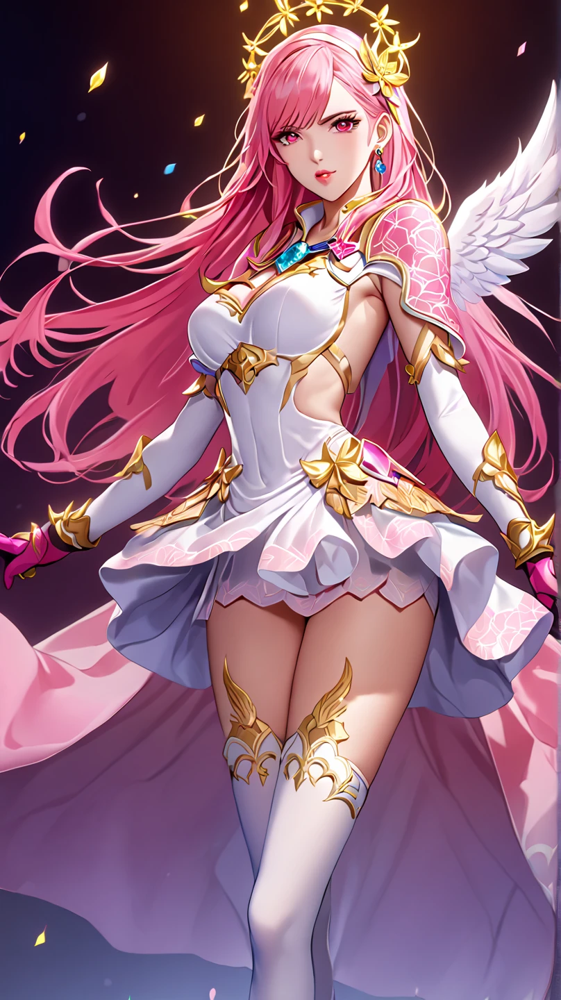realistic image 8k, 1 beautiful girl full body of (long wavy green hair), slim waist, (saint seiya shun andromeda armor of metallic pink color), (helmet metallic pink color)