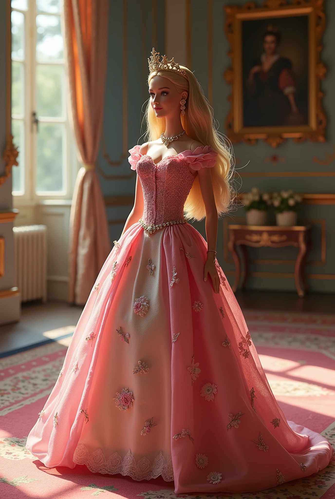 Create a scene featuring a Barbie doll in a landscape that depicts the portrait of Barbie as a queen. She is adorned in an elegant gown, complete with a tiara and jewelry. The setting should be within a palace room, exuding a heavy, noble, and graceful atmosphere with delicate details.