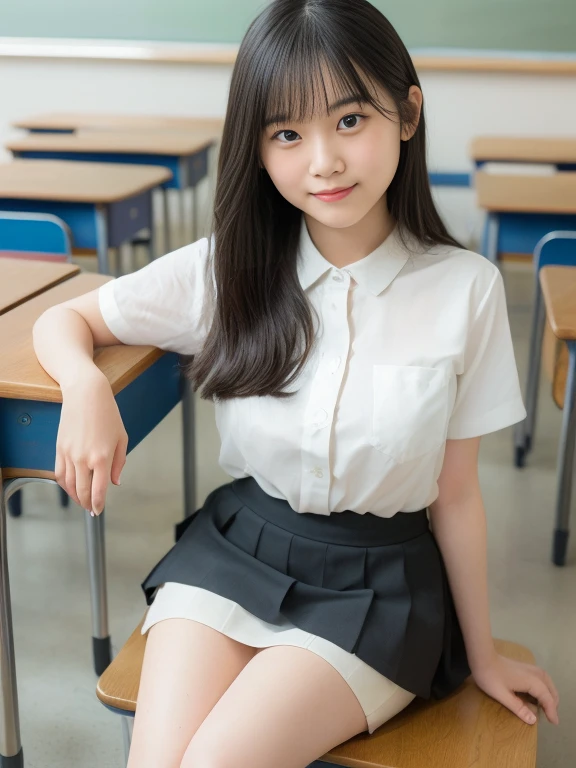 (Best-quality, Masterpiece, Ultra-High-Resolution, (Photorealistic:1.4), Raw Photo, depth of field, professional lighting, perfect anatomy, extremely details), ((from below):1.3), 1girl, 15-years-old, the most famous Japanese idol, cowboy shot, (wearing Japanese high-school uniform, white short-sleeve blouse, navy-blue pleated skirt, white socks), ((extremely cute face like the most popular Japanese idol, (extremely cute and extremely big black-eyes), extremely beautiful black-long-hair, ((extremely beautiful and extremely realistic skins)), extremely cute long-eyelashes, extremely cute lips), extremely beautiful thighs, extremely beautiful legs), standing in classroom, looking at viewer, ((innocent smile))