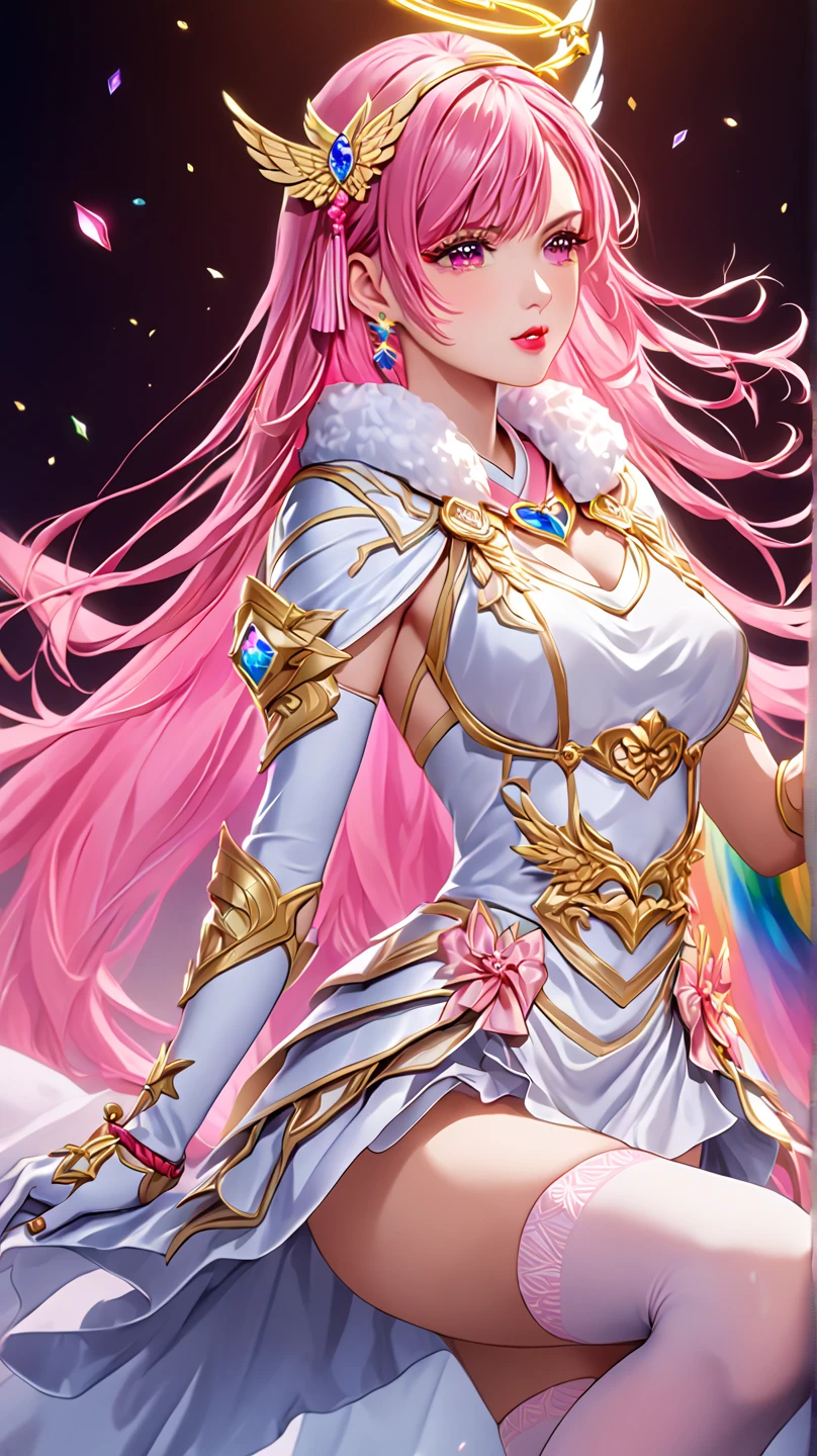 Ariana Grande sexy woman in a white gold and pink lotus lace armor skirt, chengwei pan on artstation, by Yang J, detailed fantasy art, stunning character art, fanart best artstation, epic exquisite character art, beautiful armor, extremely detailed artgerm, detailed digital anime art, artgerm on artstation pixiv, armor girl, cleavage big breasts:1.2, (mini skirt:1,5)