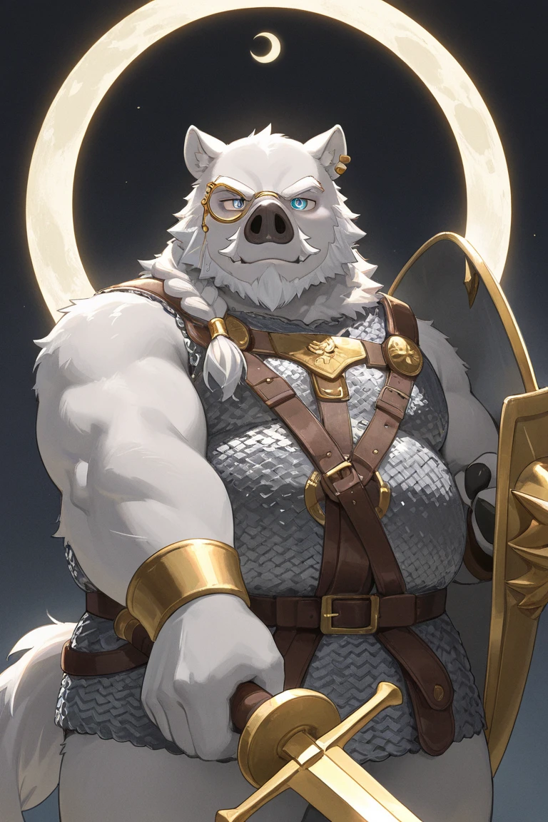 Solo, male, albino kangaroo, in one color tone, with long ears, in gladiator shoulder cape, navel showing, in tiny gladiator leather thong, chest, big chest view, ((focus body, furry focus, shades focus, body shades)) (((gray background, gray wallpaper, one color))), by darkgem, by mystikfox61, by glitter trap boy, albino, all white fur, red eyes, pink nose, navel, bulge, full body view, kangaroo tail, a little chubby